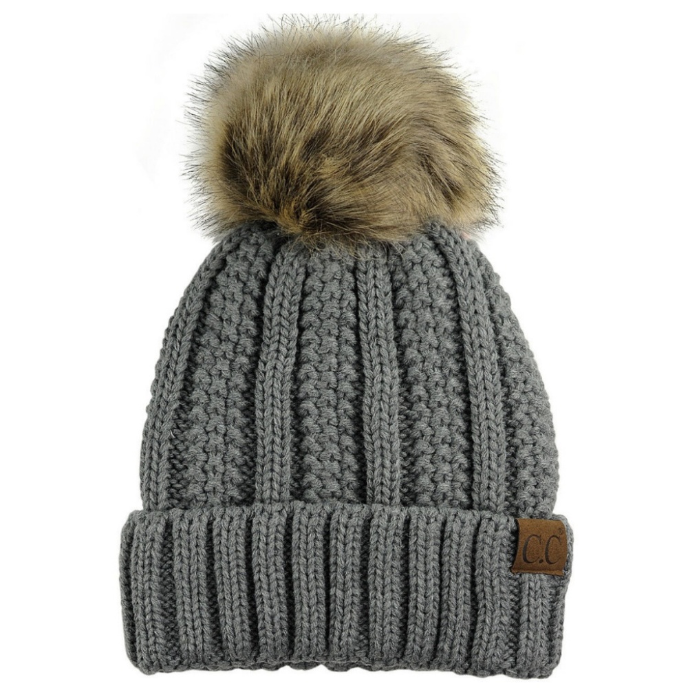 Beanie Fleece Lining Thick Pom Cable Knit Gray - Picture 2 of 3